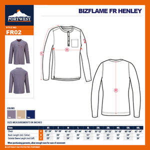 Portwest FR02 Bizflame Fire Resistant Henley Safety Long Sleeved T Shirt ASTM
