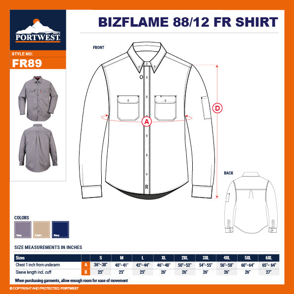 Portwest FR89 Fire Resistant Safety Work Shirt in FR Bizflame 88/12 ASTM NFPA