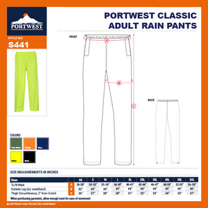 Portwest S441 Classic Adult Waterproof Work Rain Pants with Snap Adjustable Hems