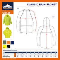 Portwest US440 Classic Waterproof  Rain Jacket wth Pack Away Hood & Sealed Seams